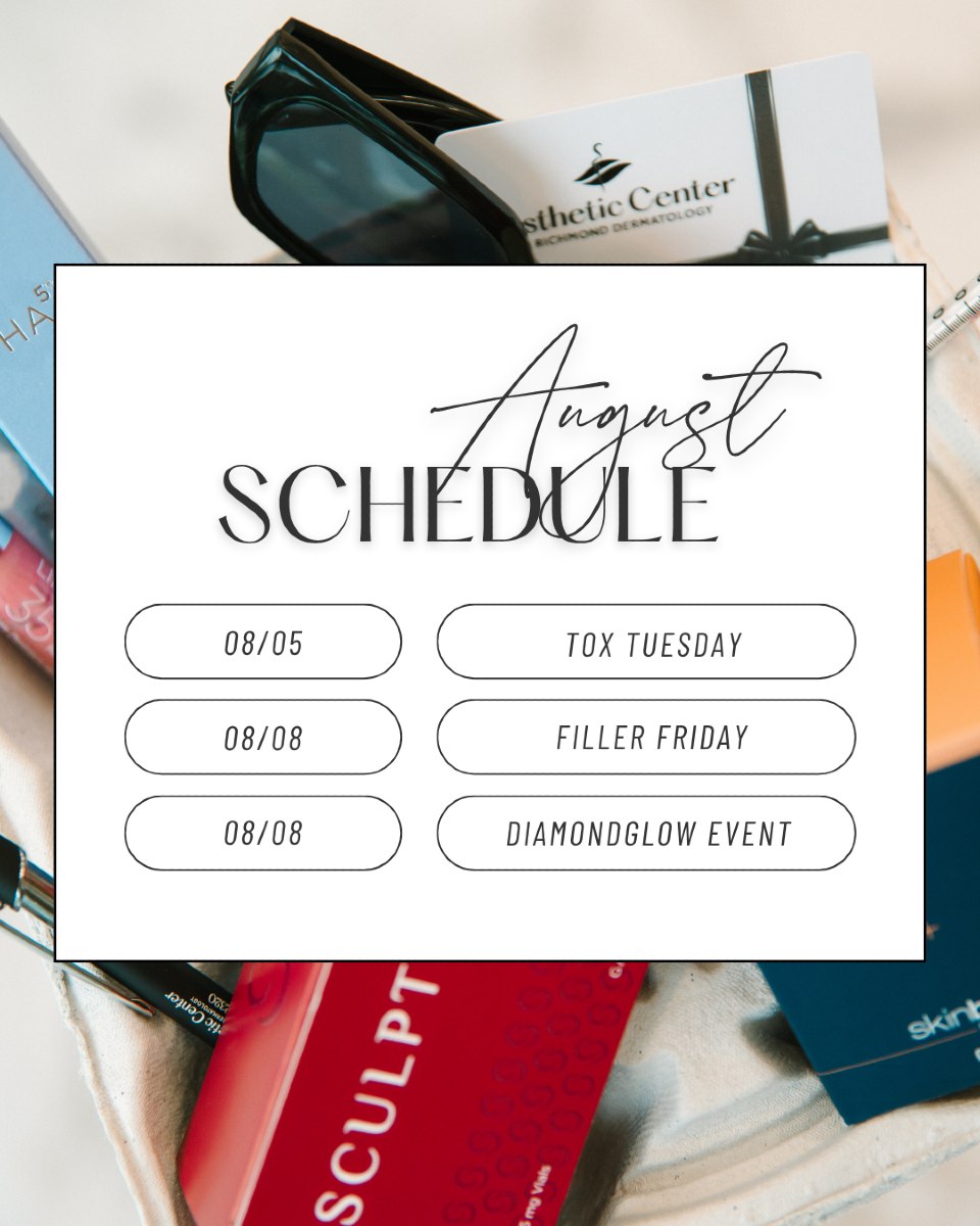 Your favorite days of the month just landed on our August calendar!

Tox Tuesday — August 5th
Smooth fine lines and refresh your look to feel more like you.
✨ Botox – $12.50/unit
✨ Dysport – $4.25/unit
✨ Daxxify – $9/unit
Let your midweek reset show on your face.

Filler Friday — August 8th
Ready to restore volume, contour, or perfect your pout? This is your day.
💉 $50 off your 1st syringe
💉 $100 off your 2nd
💉 $150 off your 3rd
(Tox must be done at the same visit to redeem these savings!)
The more you layer, the more you save.

Call or text 804-285-2320 to reserve your appointment before these spots are gone!

#acordrva #rvaaesthetics #rvaaestheticcenter #rvadermatology #medicalgradeskincare #cosmeticderm #rvafiller #rvalipfiller