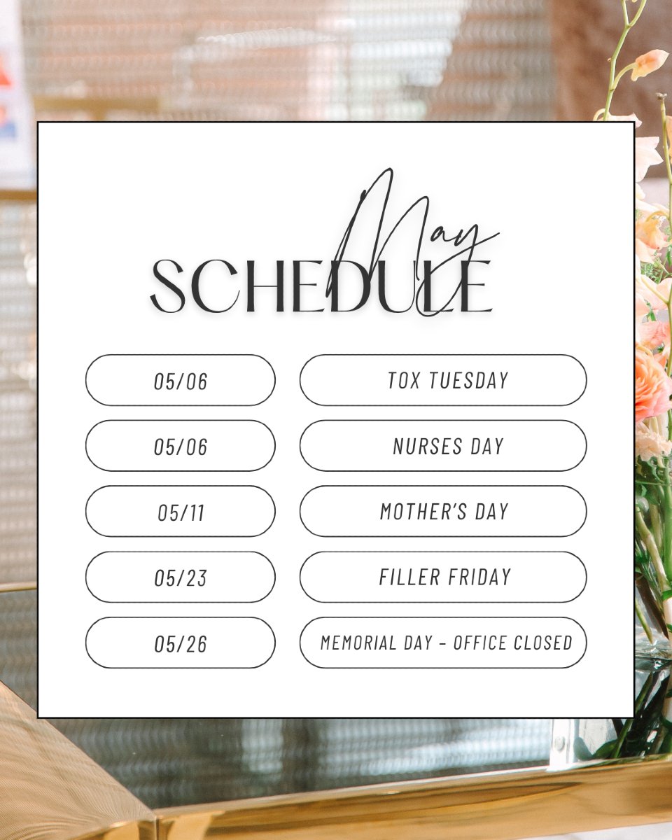 Mark your calendars- our May schedule is here! 

💉 Tox Tuesday | May 8
Smooth things over with special pricing on all your faves:
- Botox: $12.50/unit
- Dysport: $4.25/unit
- Daxxify: $9/unit

Perfect for a little pampering session before Mother's Day!

💋 Filler Friday | May 23
- $50 off your 1st syringe
- $100 off your 2nd
- $150 off your 3rd
- Tox must be injected in the same visit as filler purchase
Oh, and did we mention a free gift at check-in? 

Call our office 804-285-2320 to book your slot! 

#richmondtox #fillerfriday #toxtuesday #Injectableswithbenefits #richmondaesthetics #naturalresults #facerefresh #toxDdals #dysportspecials #daxxifydiscounts #acordrva