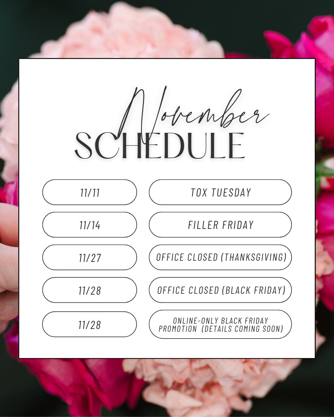 Your pre-holiday glow just dropped 🍂

Tox Tuesday — November 11th
Start the month off feeling refreshed and confident.
✨ Botox – $12.50/unit
✨ Dysport – $4.25/unit
✨ Daxxify – $9/unit

Filler Friday — November 14th
The perfect time to add balance and subtle volume before the holiday season.
💉 $50 off your 1st syringe
💉 $100 off your 2nd syringe 
💉 $150 off your 3rd syringe 

✨ Botox – $12.50/unit
✨ Dysport – $4.25/unit
✨ Daxxify – $9/unit
(Tox must be injected in same visit with filler purchase at the same visit to redeem these savings!) 
The more you layer, the more you save.

Call 804-285-2320 to reserve your appointment, these November spots won’t last long!

#acordrva #rvaaestheticcenter #richmondva