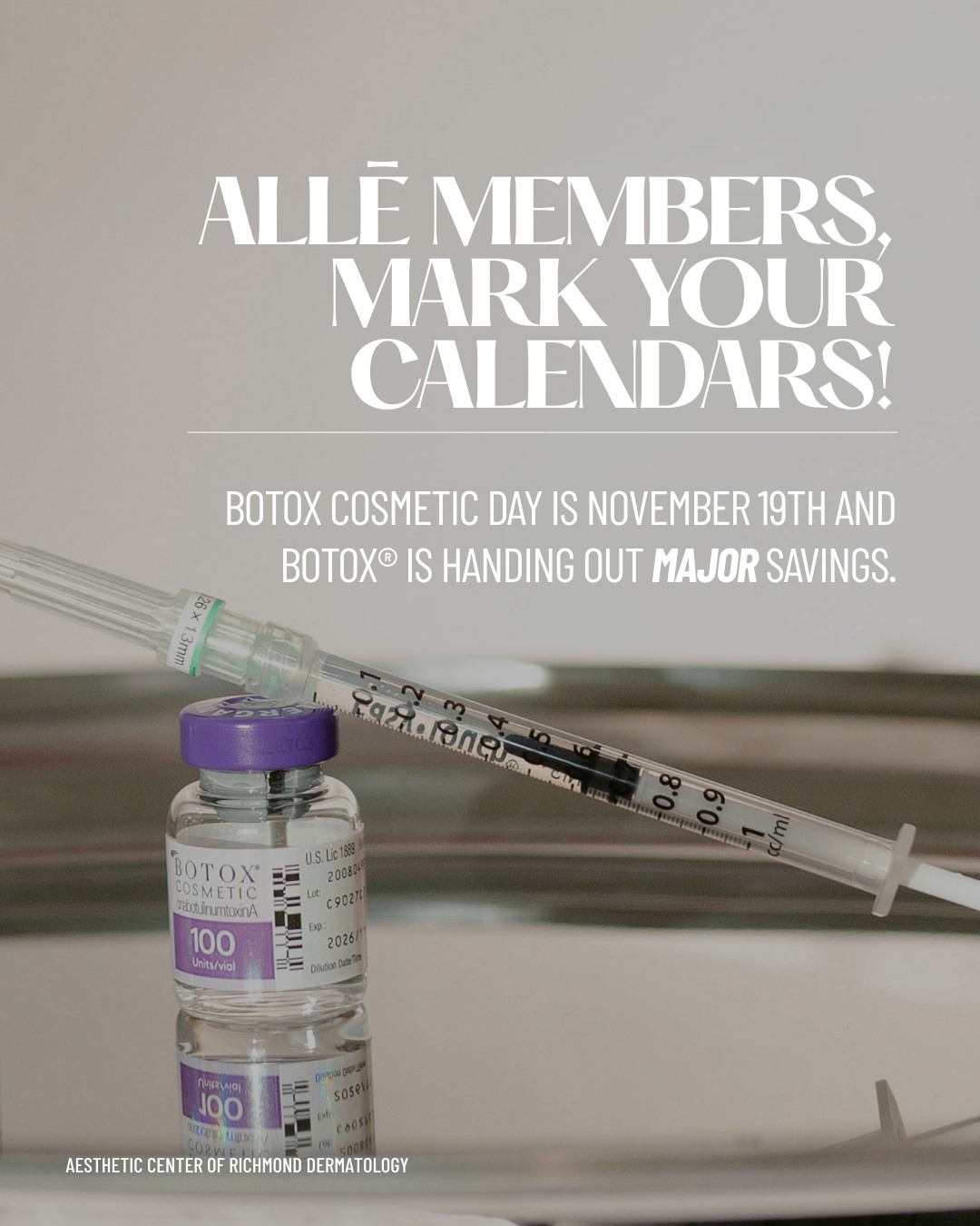 Botox Cosmetic Day is almost here, and this year’s deal is too good to miss.

On November 19th, Allē members get a FREE $50 Botox® gift card when they purchase one $50 Botox® gift card, that’s $100 total toward your Botox® next treatment 😍

Not an Allē member yet? Now’s the time to join so you can unlock these savings. Tap the link in bio to sign up, this offer is only available on 11/19 💉

#rvaaestheticcenter #rvabotox #virginiaaesthetics