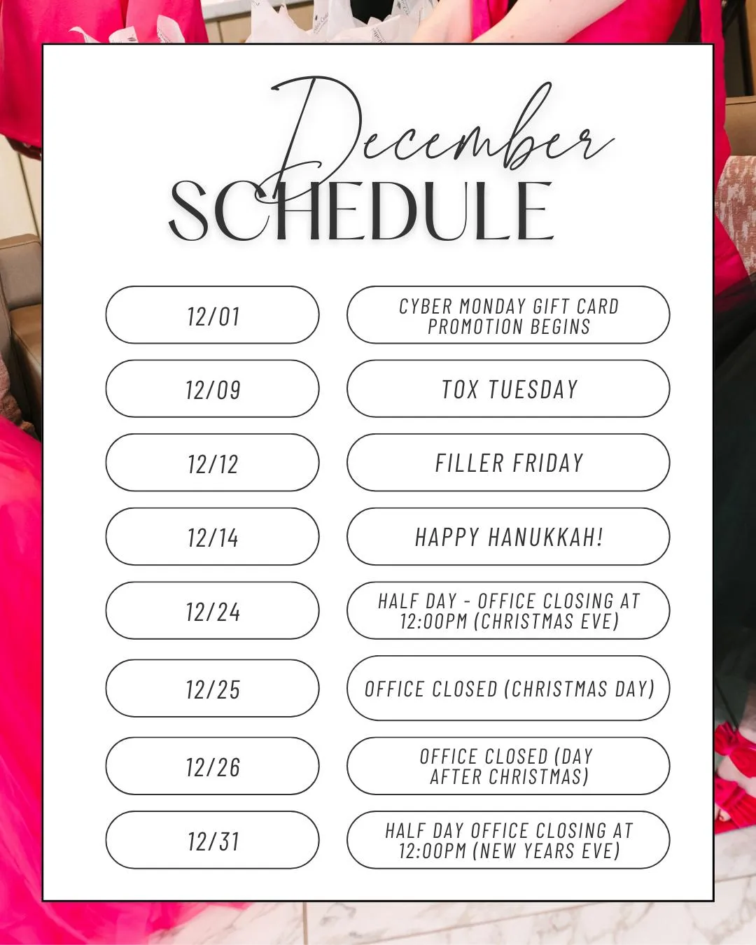 Your December glow just rolled in ❄️

Tox Tuesday — December 9th
Start the month off feeling refreshed and confident.
✨ Botox – $12.50/unit
✨ Dysport – $4.25/unit
✨ Daxxify – $9/unit

Filler Friday — December 12th
The perfect time to add balance and subtle volume before the holiday season.
💉 $50 off your 1st syringe
💉 $100 off your 2nd syringe 
💉 $150 off your 3rd syringe 

✨ Botox – $12.50/unit
✨ Dysport – $4.25/unit
✨ Daxxify – $9/unit
(Tox must be injected in same visit with filler purchase at the same visit to redeem these savings!) 
The more you layer, the more you save.

And don't forget, we’ll have a few closures and half days during the holidays, so be sure to plan ahead when booking! Call 804-285-2320 to reserve your appointment, December availability won’t last long.

#rvaaestheticcenter #richmondva