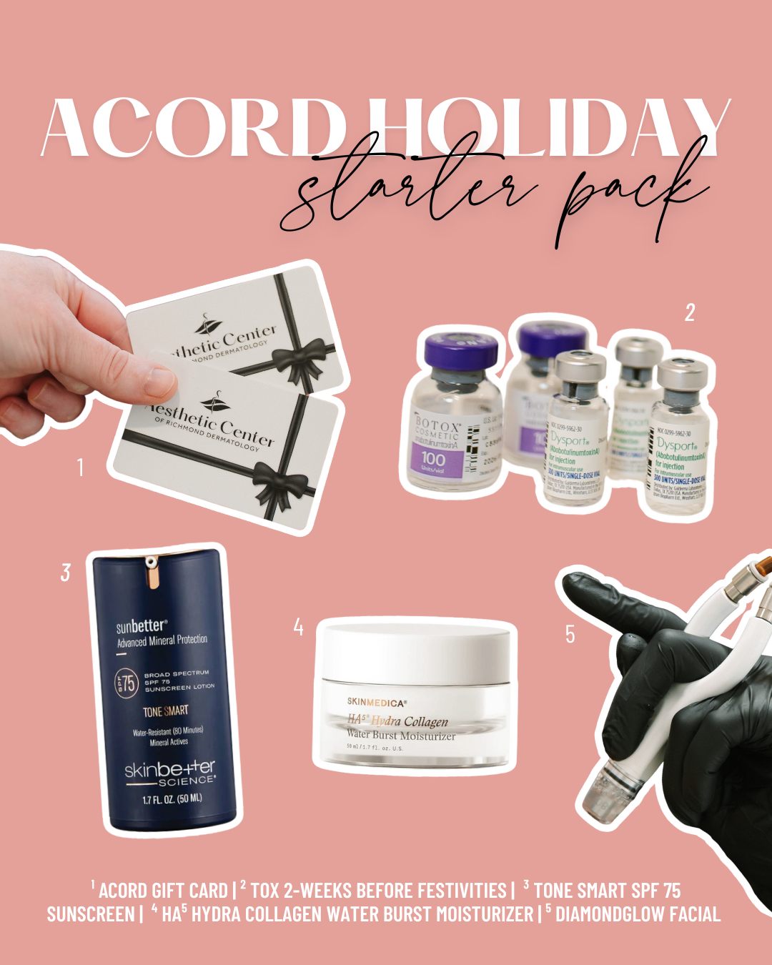 Need a little gifting inspiration? Consider this our holiday starter pack ✨

From glow-boosting treatments to medical-grade skincare, these are the things our patients come back for year after year. 

And don't forget, our December gift card promo makes this the perfect time to treat someone you love (or yourself). Purchase at least $250 gift card in gift cards and you’ll get a bonus amount on us!

#acordrva #rvainjector #medicalgradeskincare