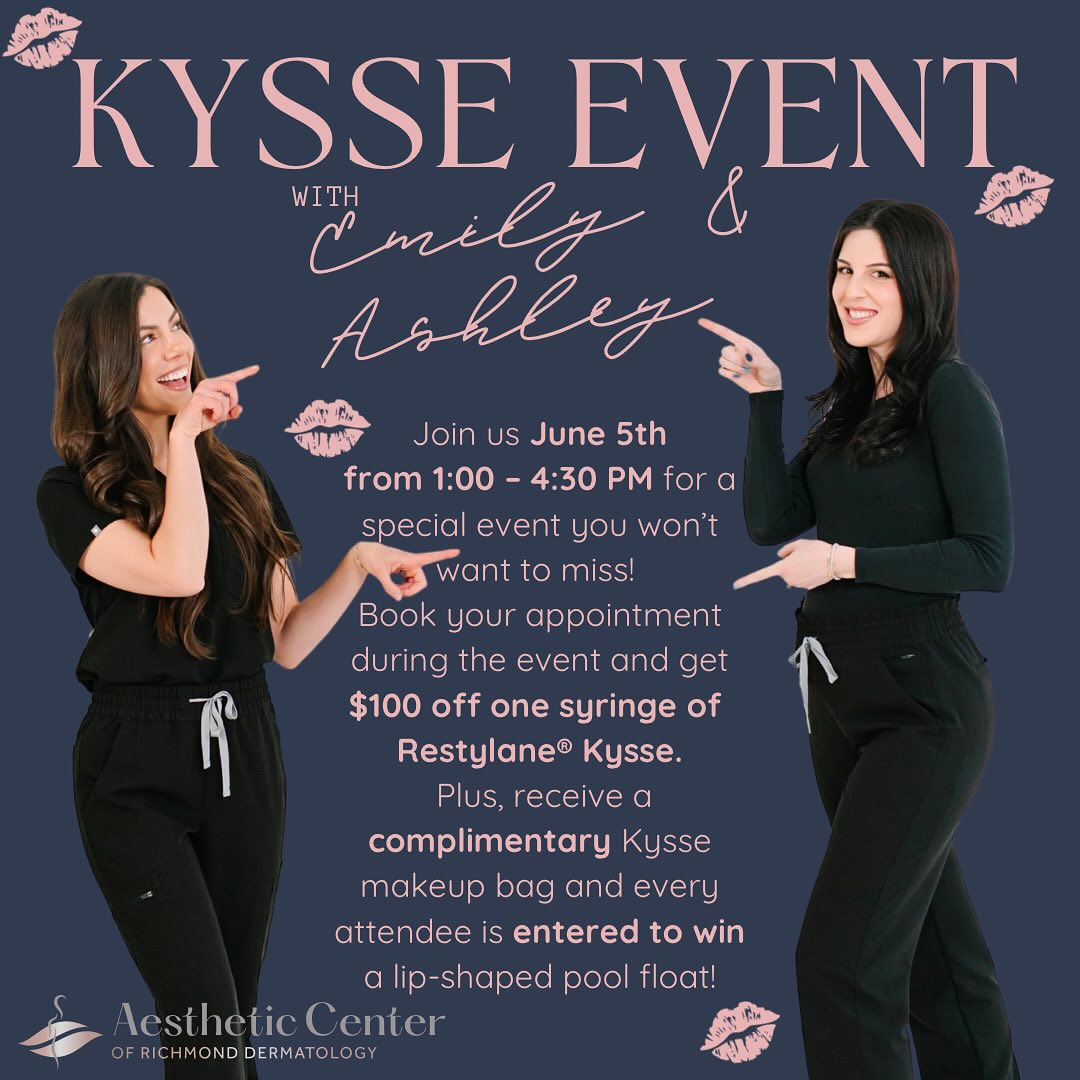💋 Mark your calendars!
Join us June 5th | 1:00–4:30 PM for an exclusive beauty event you won’t want to miss!
✨ Book your appointment during the event and get $100 off one syringe of Restylane® Kysse.
🛍️ Plus, take home a complimentary Kysse makeup bag + get entered to win a lip-shaped pool float—perfect for summer lounging!
Spots are limited—don’t wait! 💖