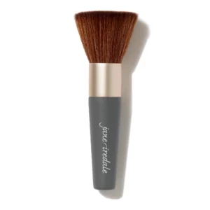 Face makeup brush with soft brown bristles, dark grey handle with gold ferrule